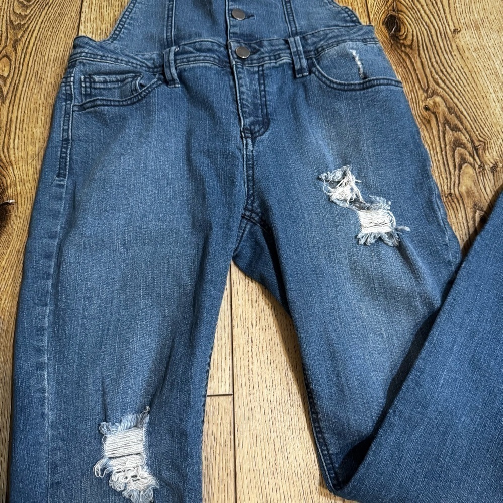 Harper blue jean denim distressed overalls, button up, pockets, straight leg, M. - Picture 4 of 14
